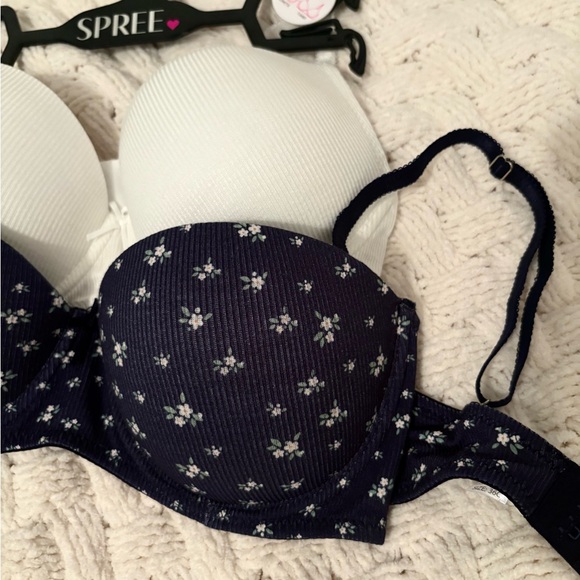 NWT Spree Intimates 2-Pack Bras: Navy Floral & Ribbed White, Size 36C - Picture 2 of 5